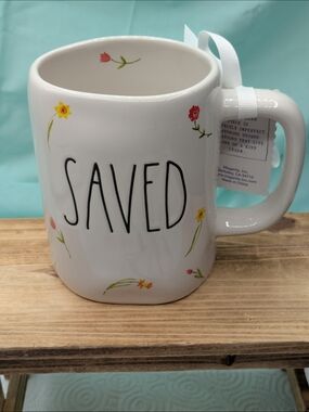 Rae Dunn White Floral "SAVED" Ceramic Mug New